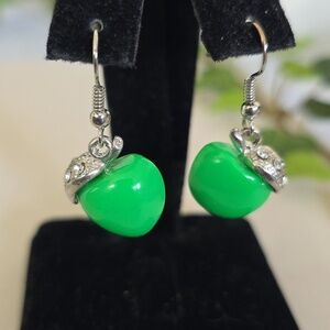 Silver and Green Apple Drop Earrings